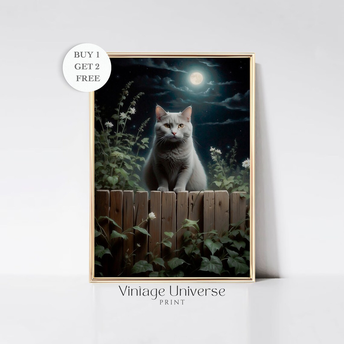 White Cat on a Wooden Fence Under a Moonlit Night Sky Art Print
