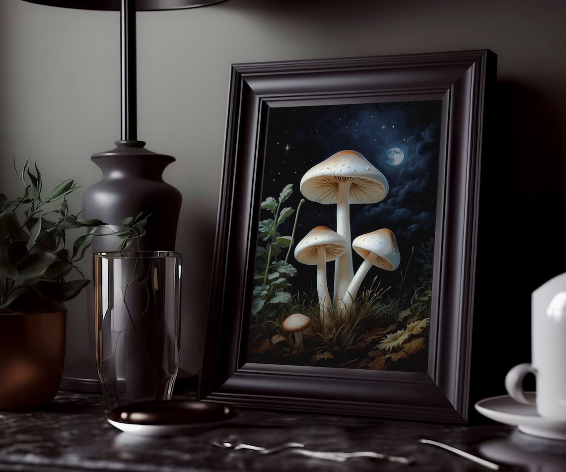 Cream Mushrooms in a Moonlit Starry Night Forest Clearing Art Print - Image 3