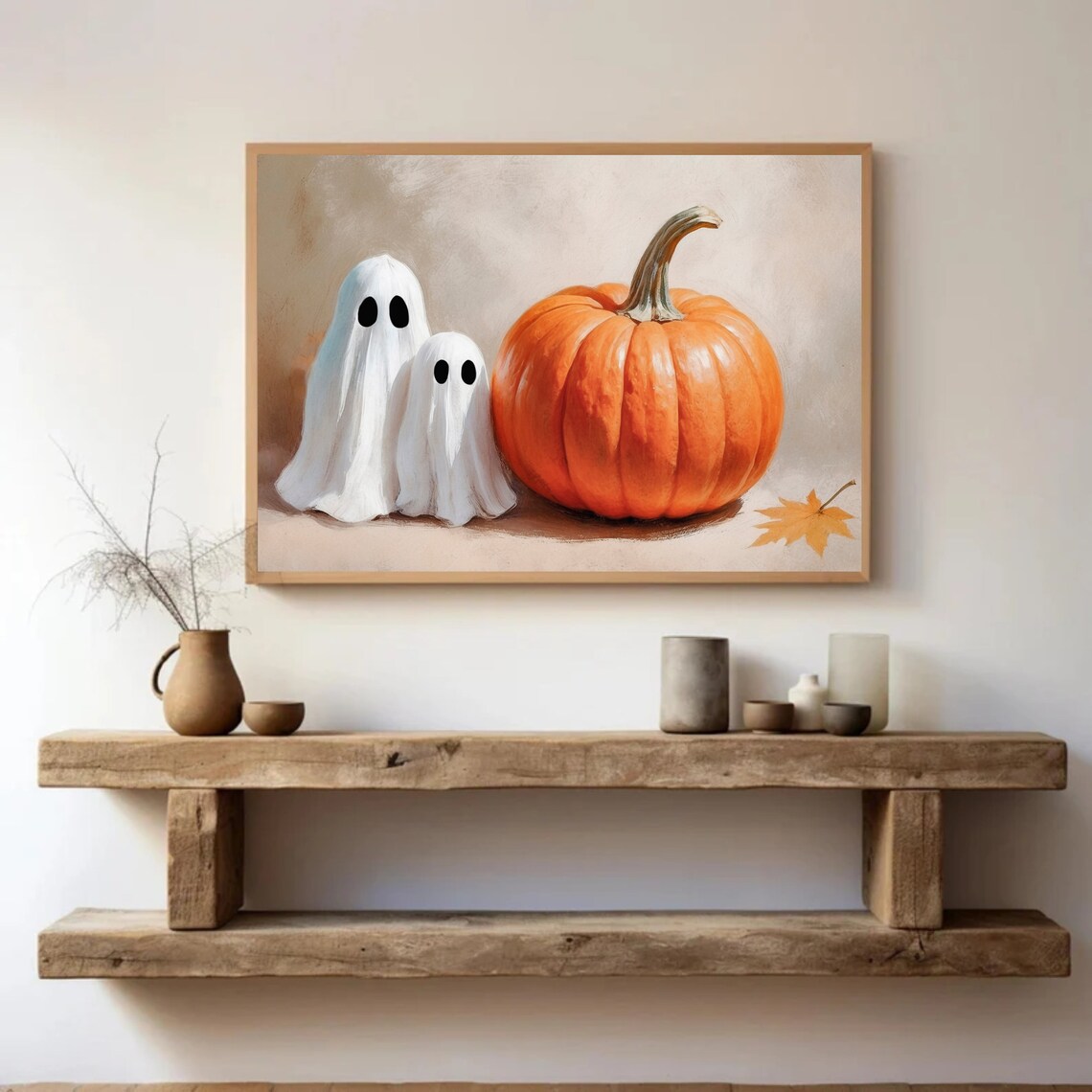 Two Cute Ghosts Posing With A Giant Orange Pumpkin Minimalist Fall Painting Poster - Image 4