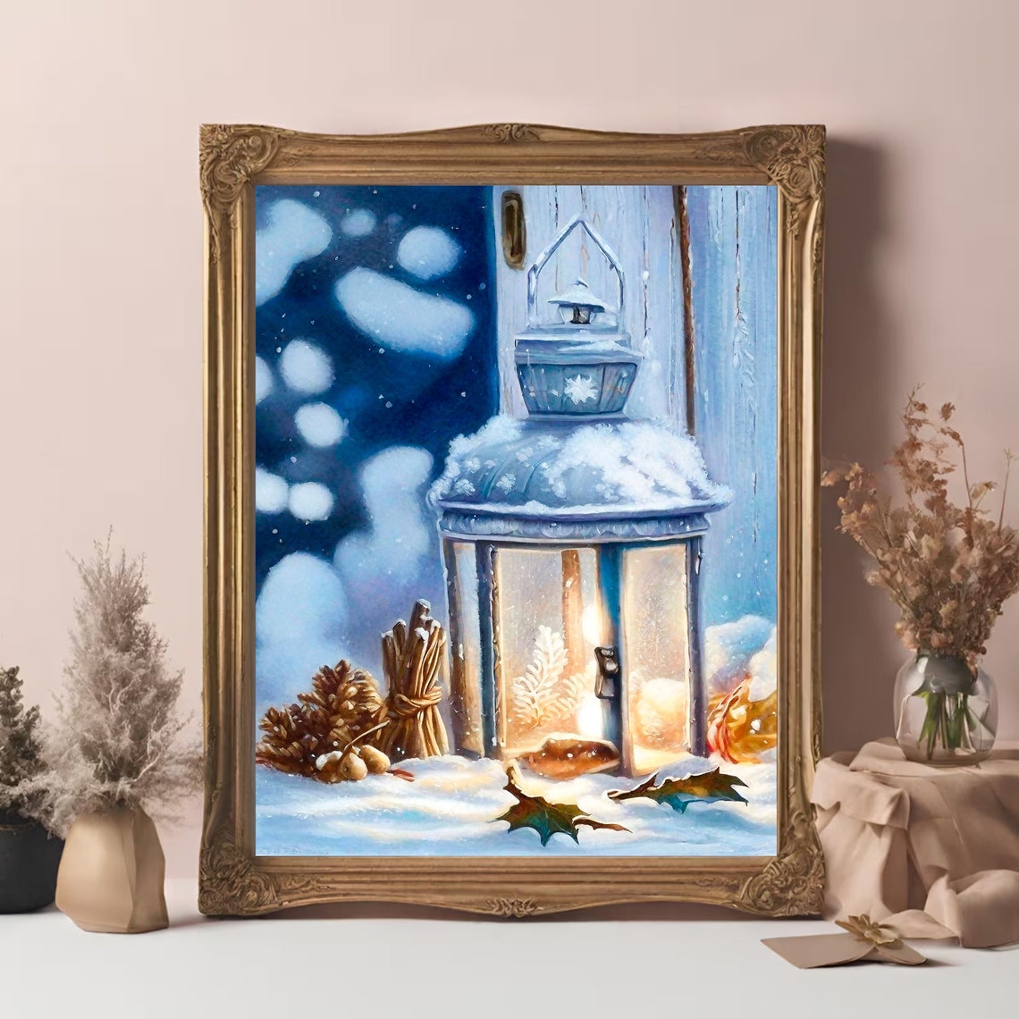 Snowy Candle Lantern Glowing Winter Night Vintage Farmhouse Poster - Image 2