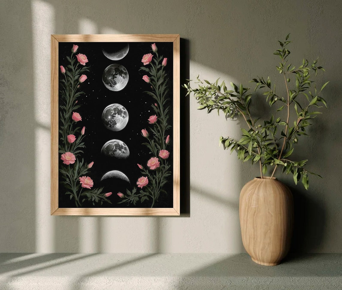 Moon Phases Vertical with Pink Blossoms on Black Celestial Art Print - Image 4