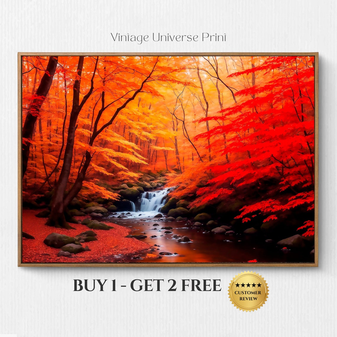 Blazing Red Autumn Forest Waterfall Stream Fiery Fall Poster