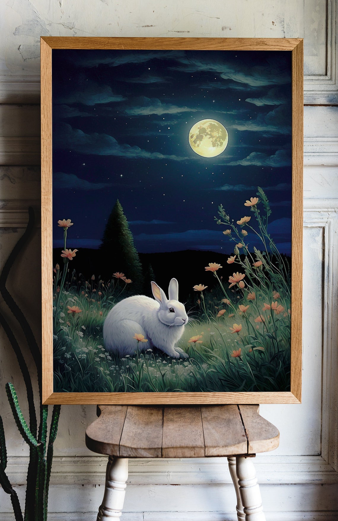 White Rabbit in Moonlit Wildflower Meadow Night Sky Art Print - Image 2