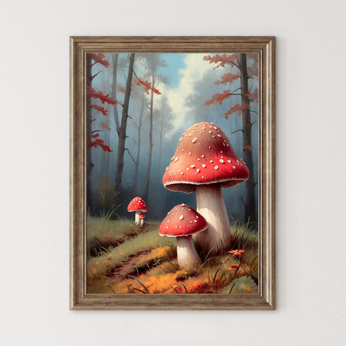 Red Fly Agaric Mushrooms In Autumn Forest Vintage Nature Painting Poster - Image 4