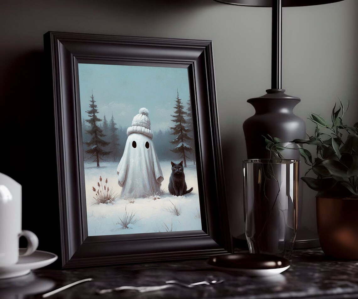 Ghost in Cozy Knit Beanie with Black Cat in Snowy Forest Print - Image 3