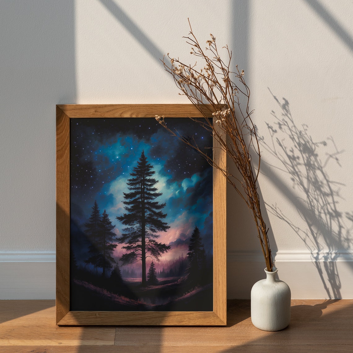 Tall Pine Tree Silhouette Under Teal Starry Night Sky Aurora Wall Art - Image 2