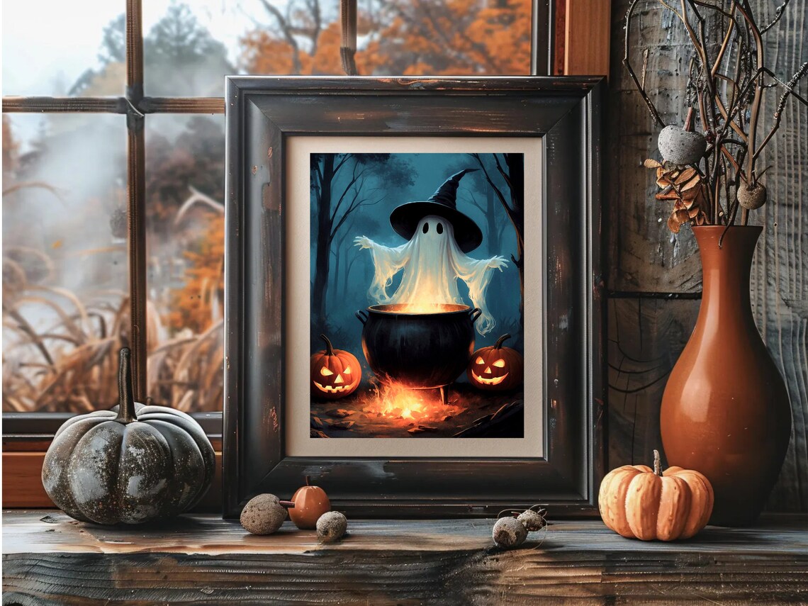 Witch Hat Ghost Brewing A Glowing Cauldron With Jack O Lanterns Halloween Art Print - Image 4