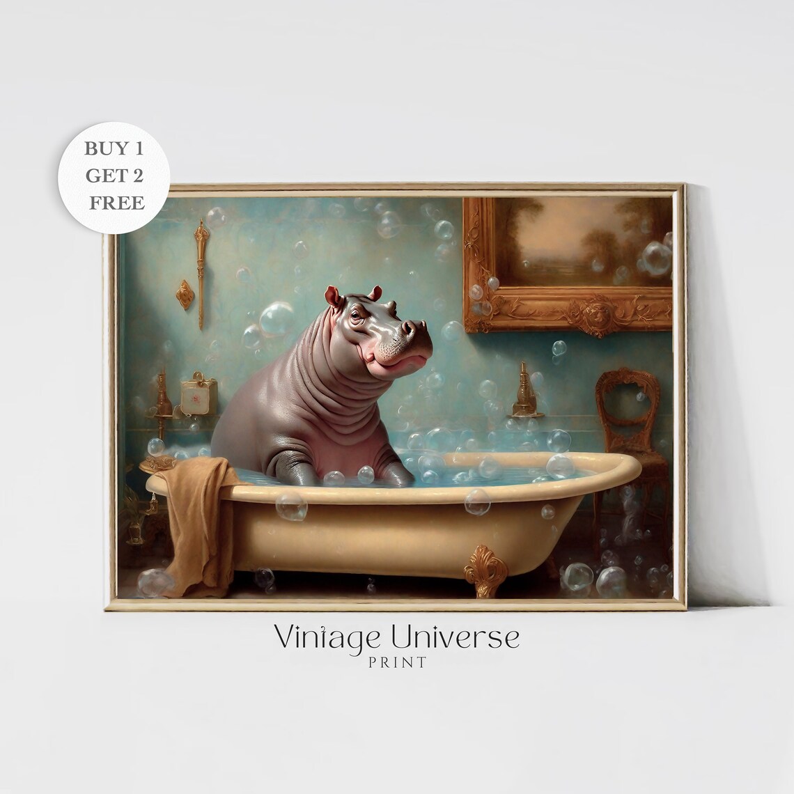 Smiling Hippo Relaxing in a Vintage Bathtub Full of Bubbles Funny Poster
