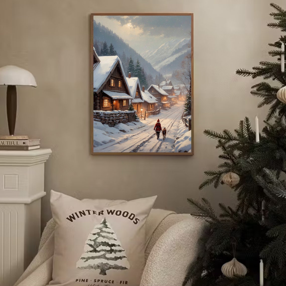Snowy Mountain Village Walk With Dog Vintage Winter Evening Poster - Image 3