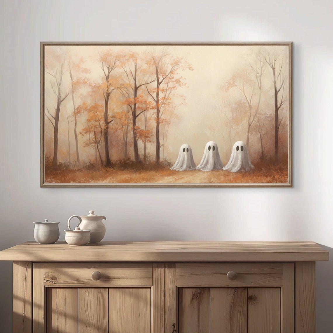 Three Ghosts In Misty Autumn Forest Vintage Halloween Art Poster - Image 2