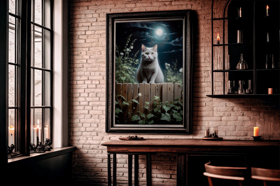 White Cat on a Wooden Fence Under a Moonlit Night Sky Art Print - Image 4