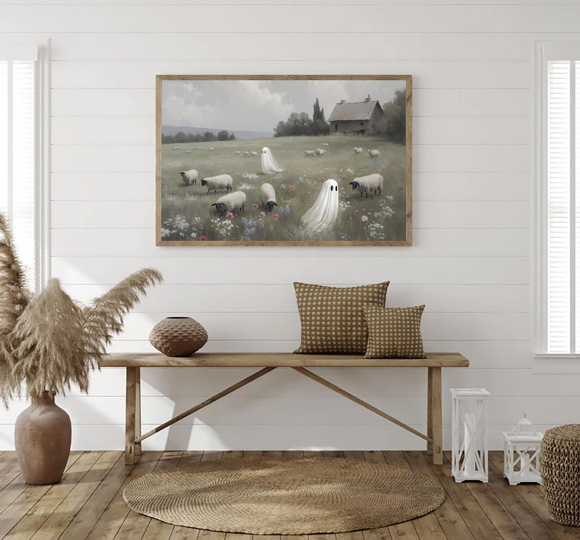 Two Ghosts With Sheep In Flower Meadow Cute Halloween Poster - Image 2