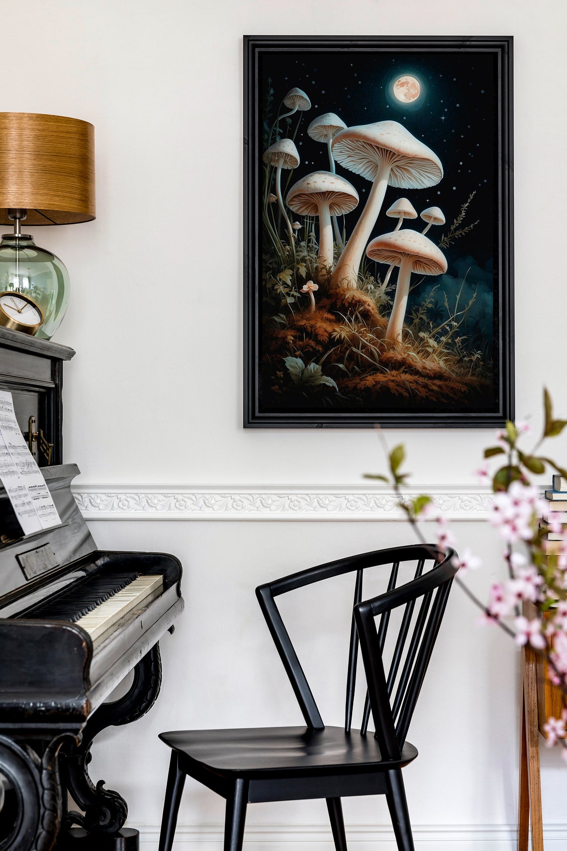 Giant White Mushrooms Under a Glowing Full Moon Starry Night Art Print - Image 2
