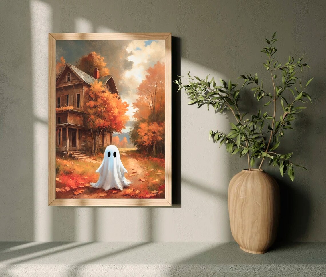 A Lone Ghost On An Autumn Path By A Rustic Farmhouse Vintage Halloween Art Print - Image 3