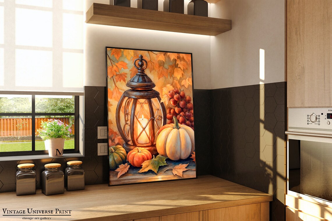 Glowing Lantern With Pumpkins And Red Berries In Autumn Still Life Print - Image 3
