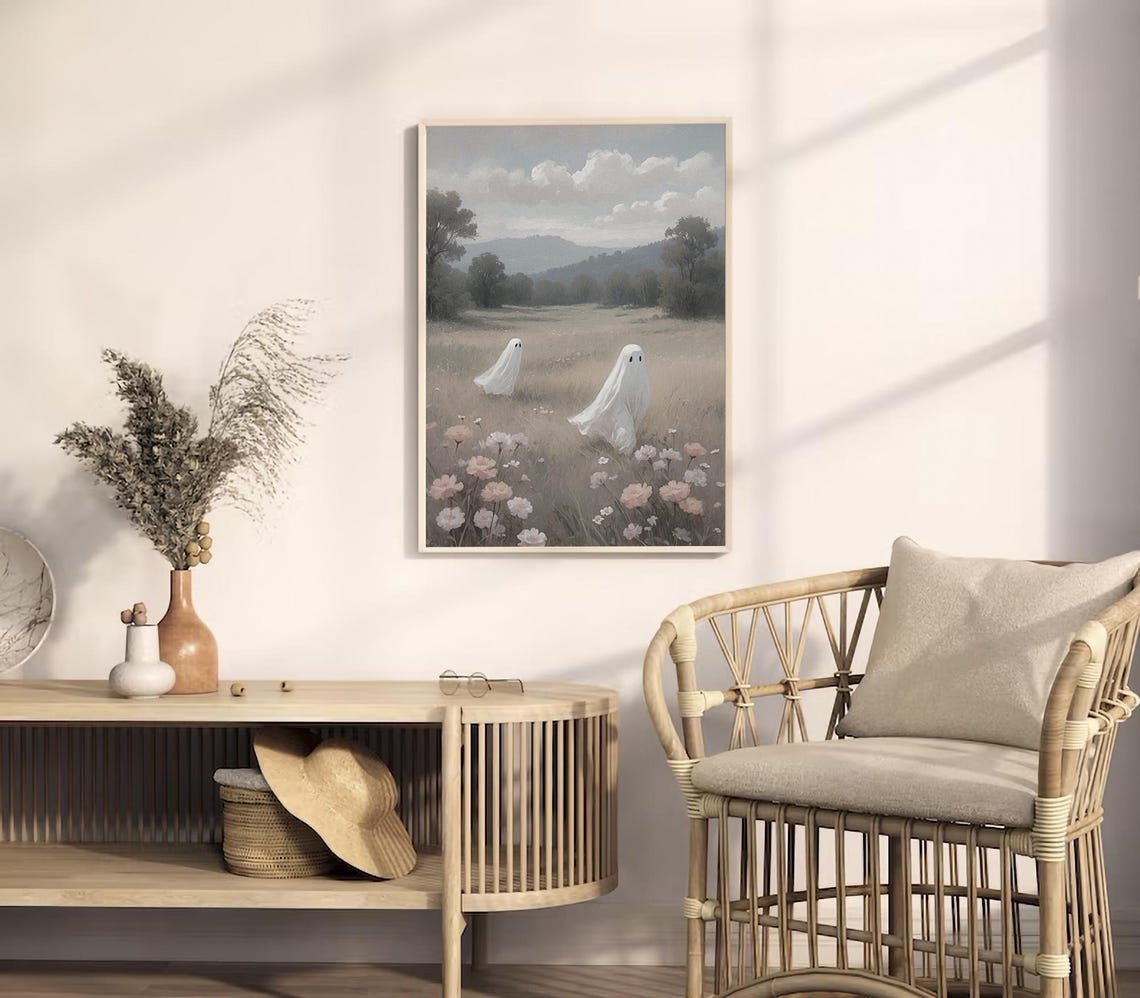 Two Ghosts In Flower Meadow With Hills Cute Halloween Poster - Image 3