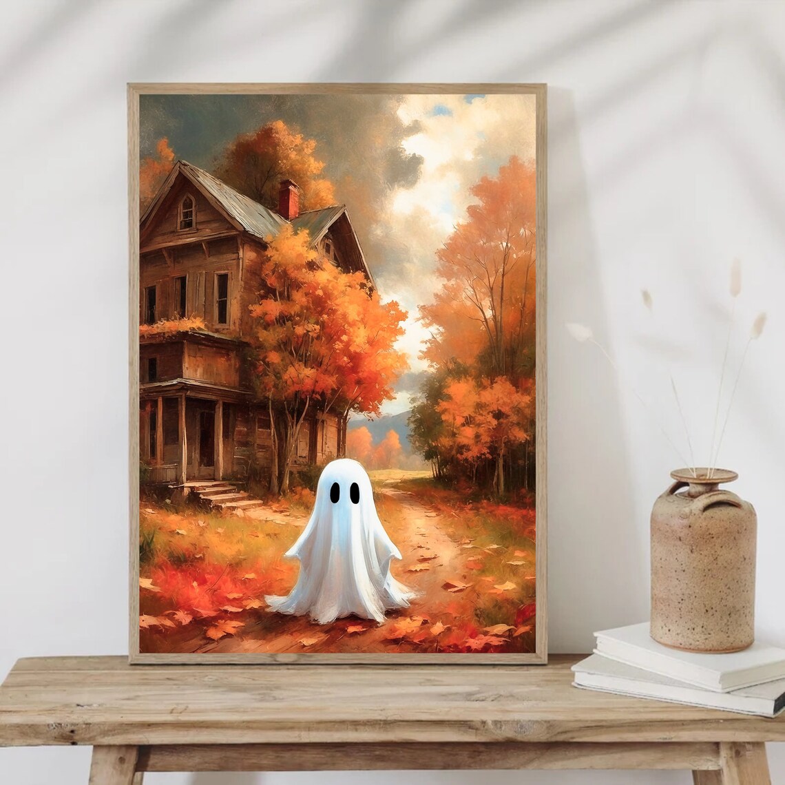 A Lone Ghost On An Autumn Path By A Rustic Farmhouse Vintage Halloween Art Print - Image 5