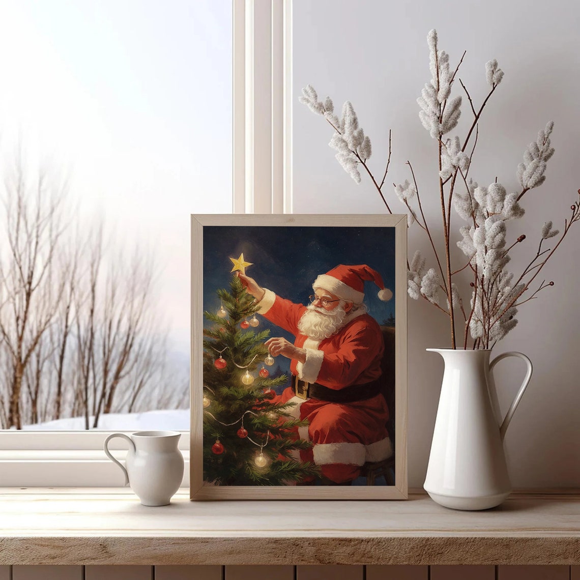 Santa Claus Vintage Oil Painting Christmas Tree Oil Painting Christmas Wall Art Santa Rustic Wall Art Retro Winter Print Noel Art Print - Image 2