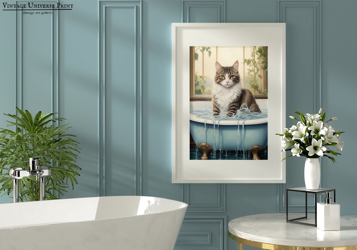 Fluffy Tabby Cat Soaking in a Blue Bathtub with Splashing Water Cute Poster - Image 2
