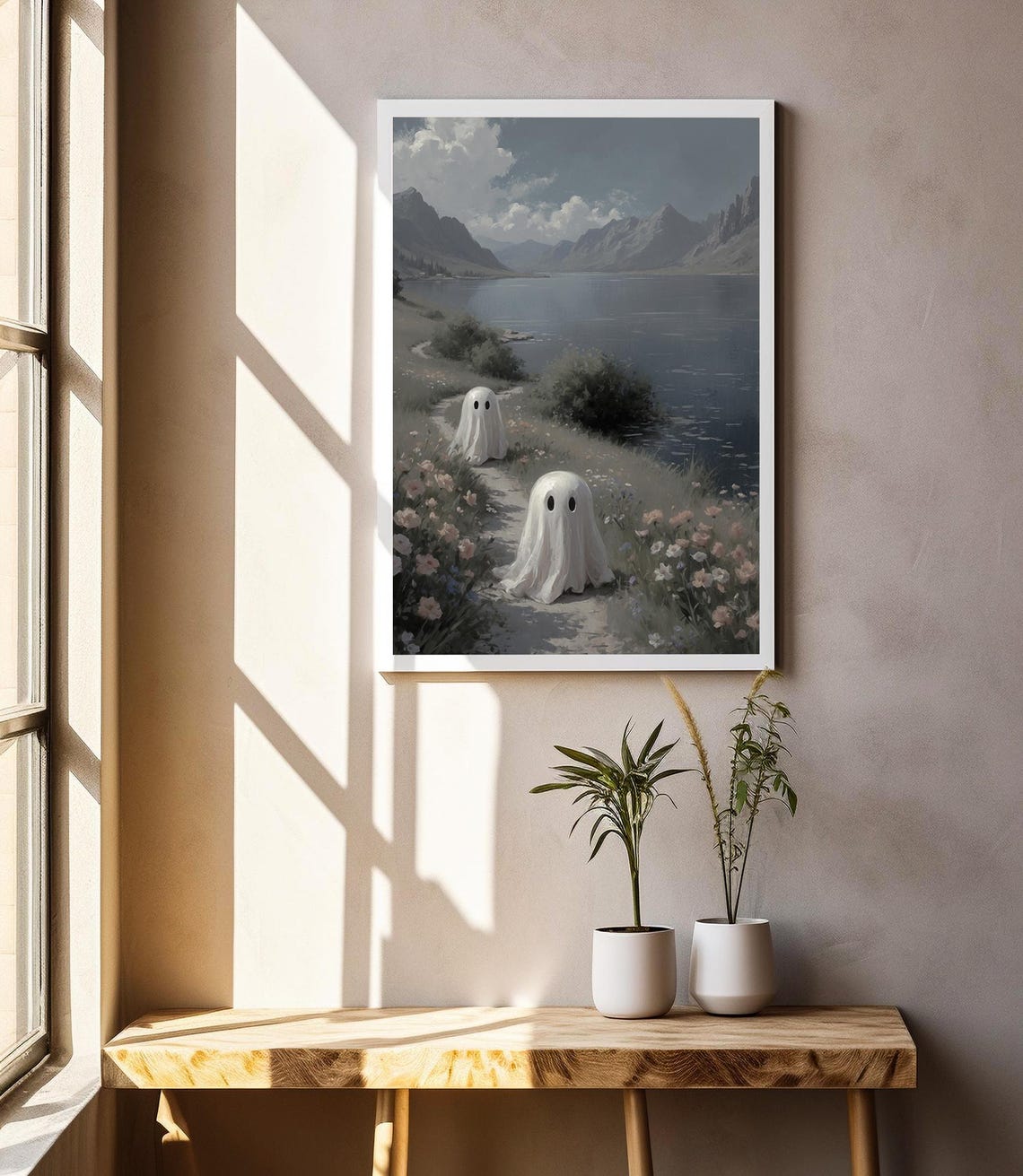 Two Ghosts Walking By A Mountain Lake Cute Spooky Halloween Poster - Image 2