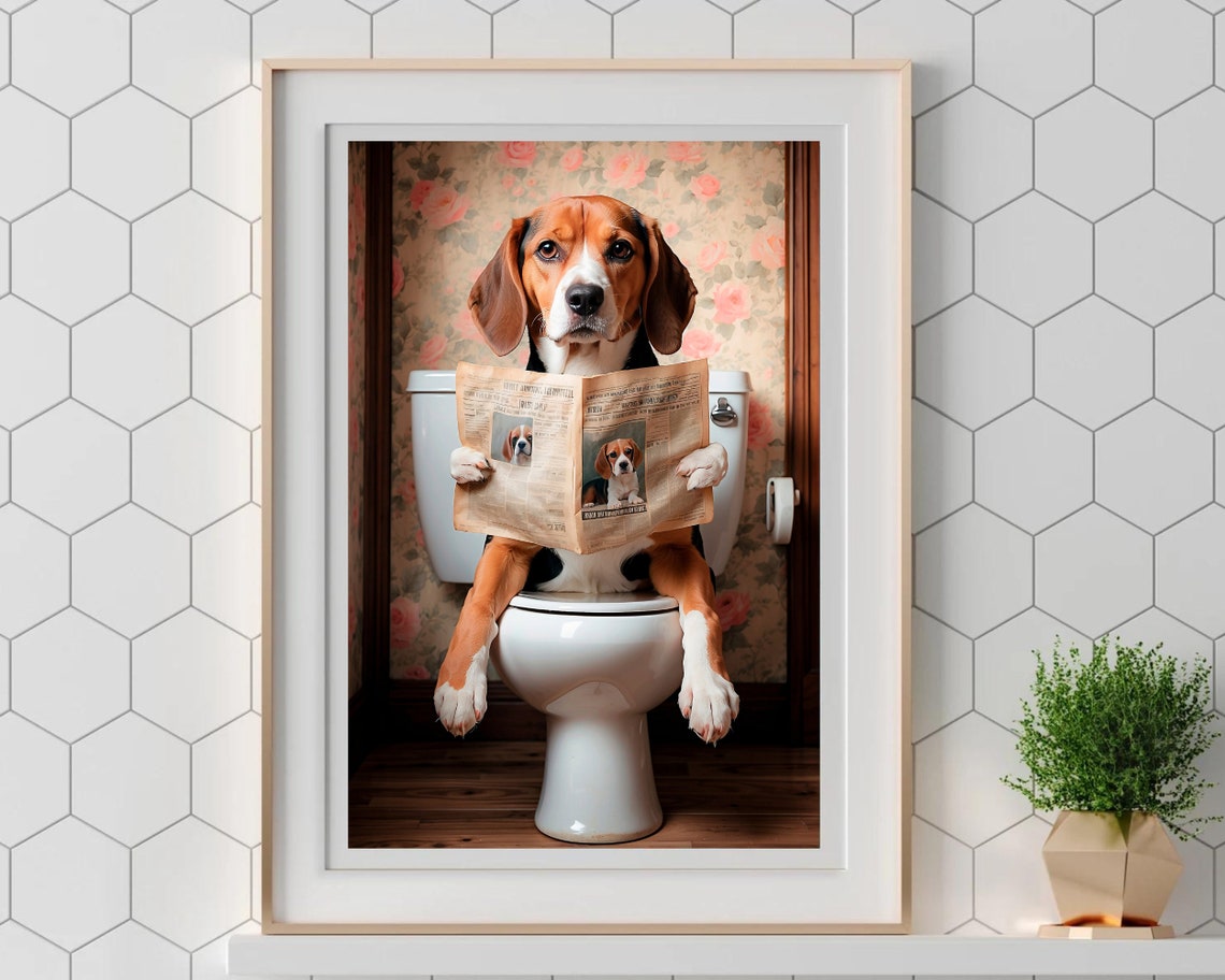 Friendly Beagle Reading A Newspaper On The Toilet Dog Poster - Image 5