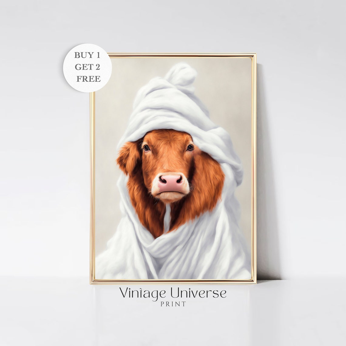 Highland Cow Wrapped in a Fluffy White Towel After a Bath Funny Print