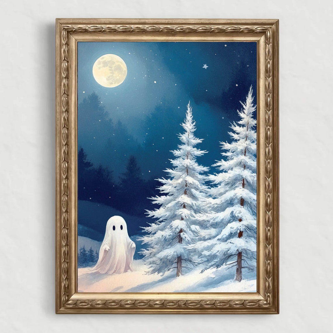 Ghost Among Snowy Fir Trees Under Glowing Full Moon Night Print - Image 4