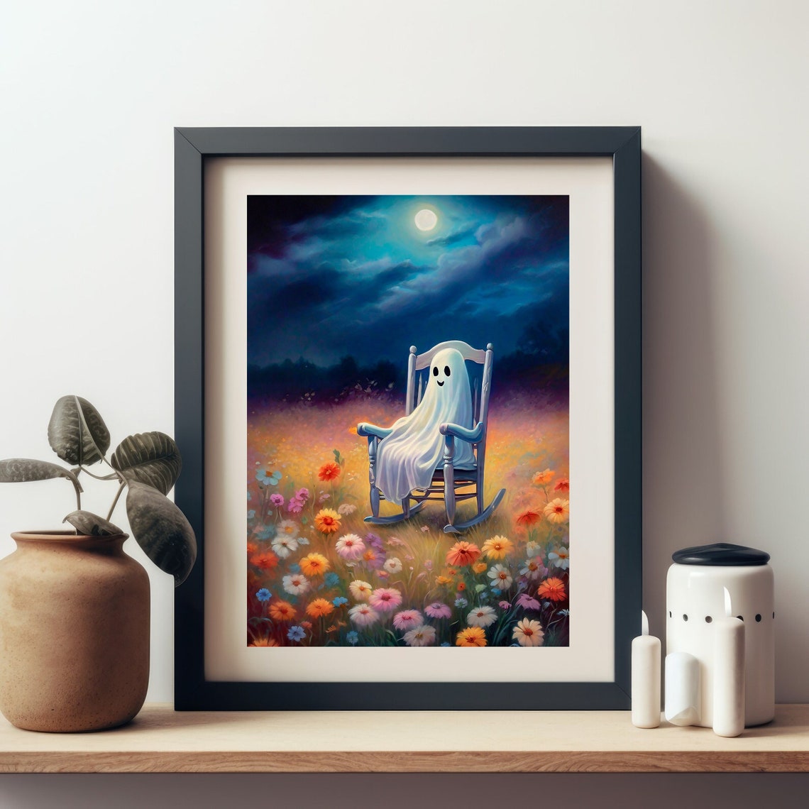 Smiling Ghost Rocking Chair Moonlit Wildflower Meadow Night Poster - Image 4
