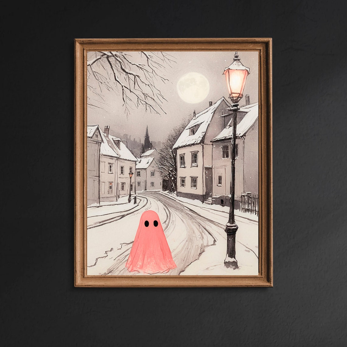 Pink Ghost on Snowy Moonlit Street Under Glowing Vintage Lamp Print - Image 4