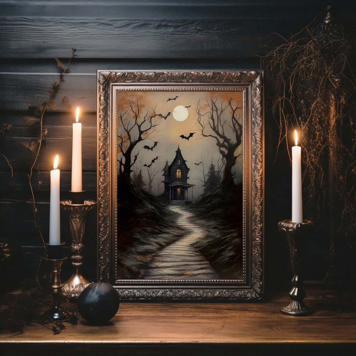 Spooky Haunted House Under Full Moon Bats Halloween Night Poster - Image 2