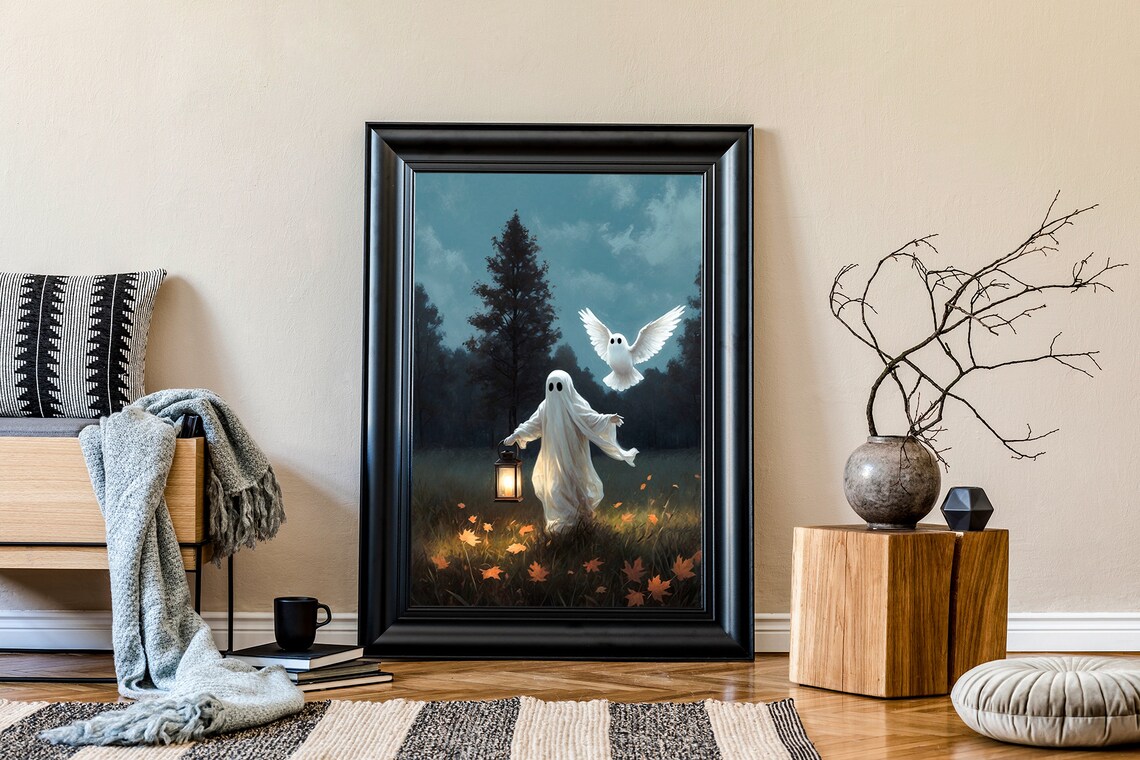 Ghost With Lantern And Flying Ghost Owl In Autumn Meadow Halloween Painting Poster - Image 2