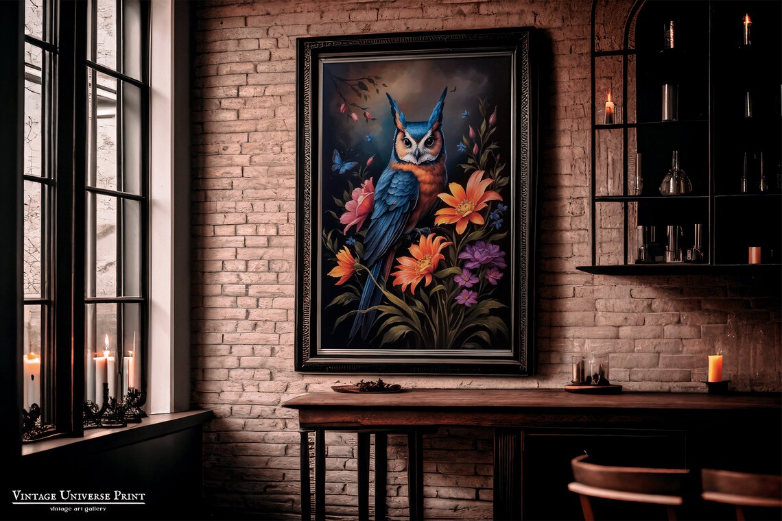 Blue Owl With Orange Breast Among Colorful Flowers On Black Poster - Image 2