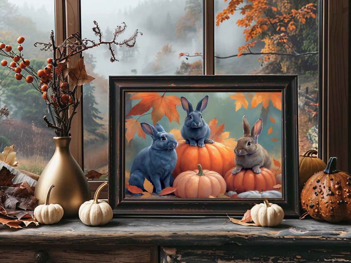 Three Cute Rabbits With Pumpkins Autumn Leaves Fall Animal Poster - Image 4