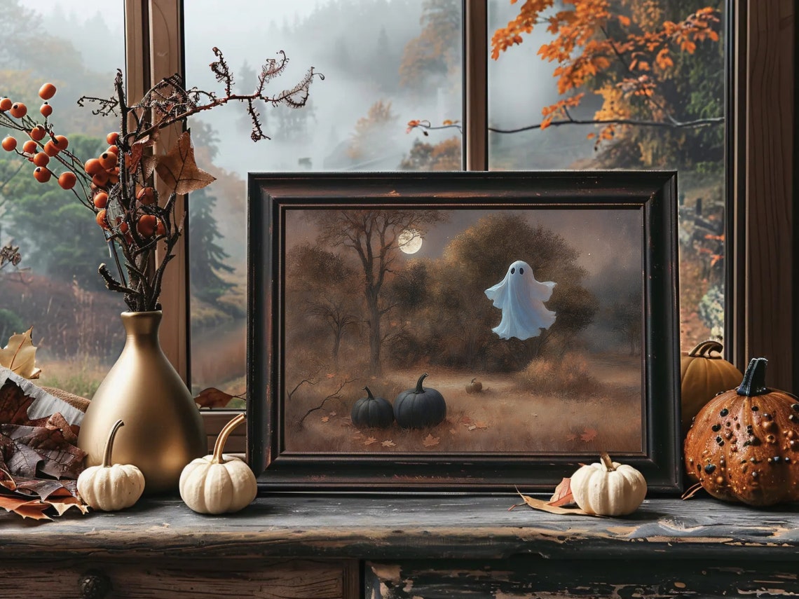 Ghost Over Black Pumpkins Under Full Moon Vintage Halloween Poster - Image 3