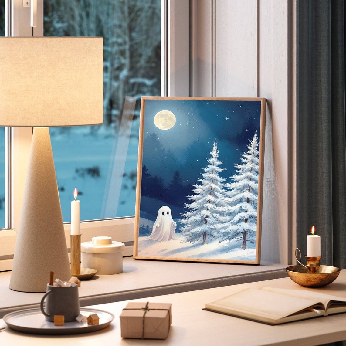 Ghost Among Snowy Fir Trees Under Glowing Full Moon Night Print - Image 2