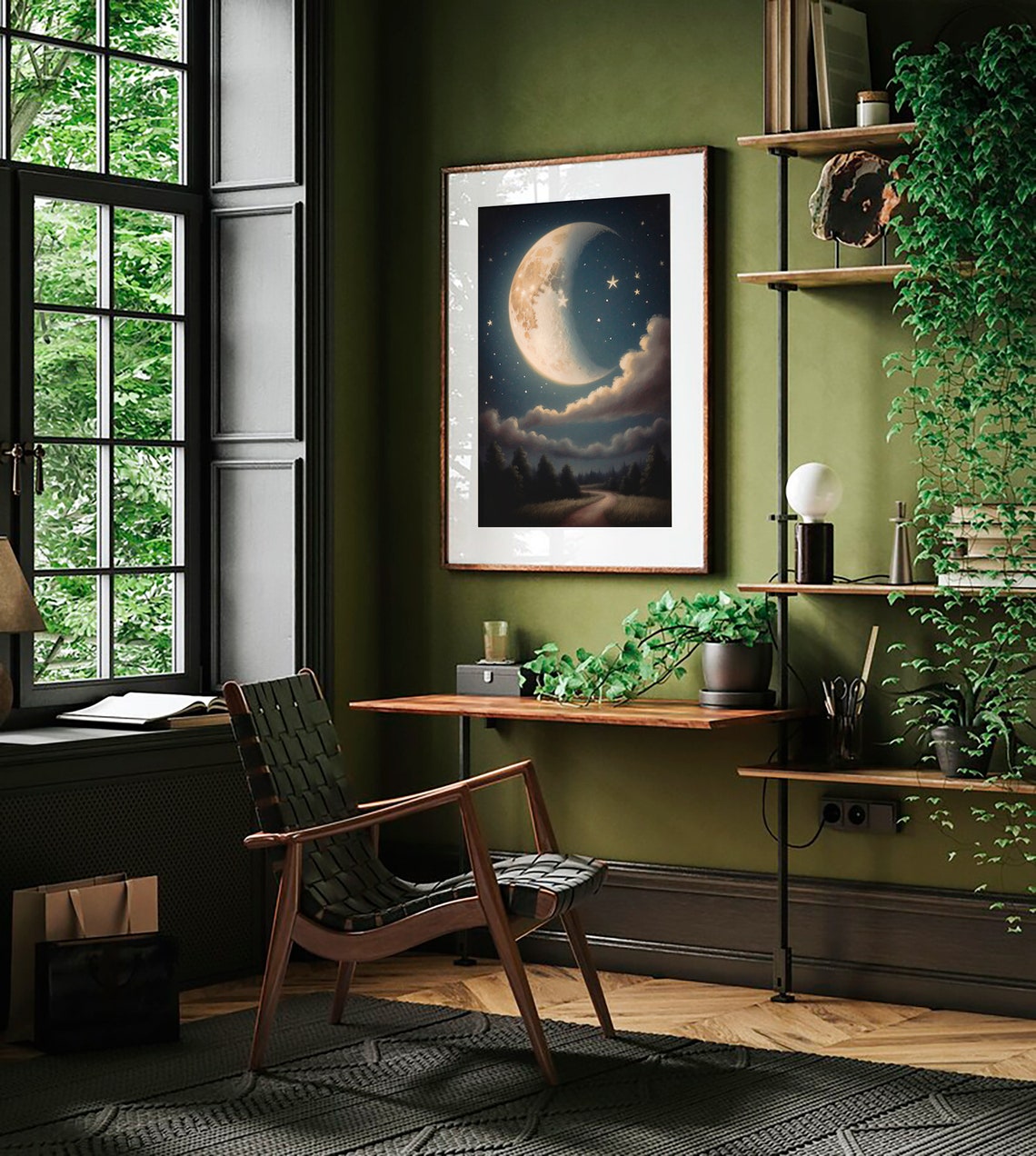 Crescent Moon and Stars Over a Dark Forest Path Night Sky Art Print - Image 4