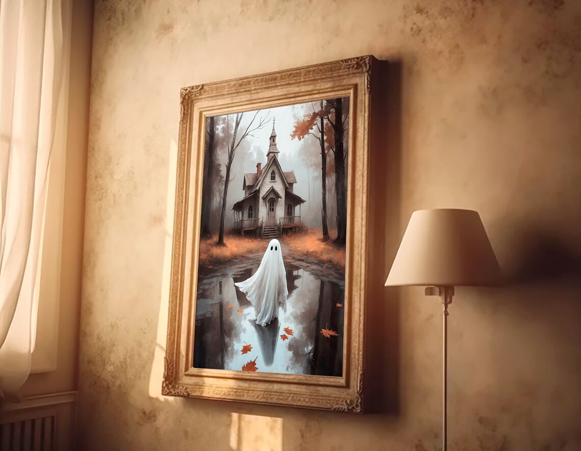 Cute Ghost By Puddle Reflection Before Misty Old House Halloween Painting Poster - Image 2