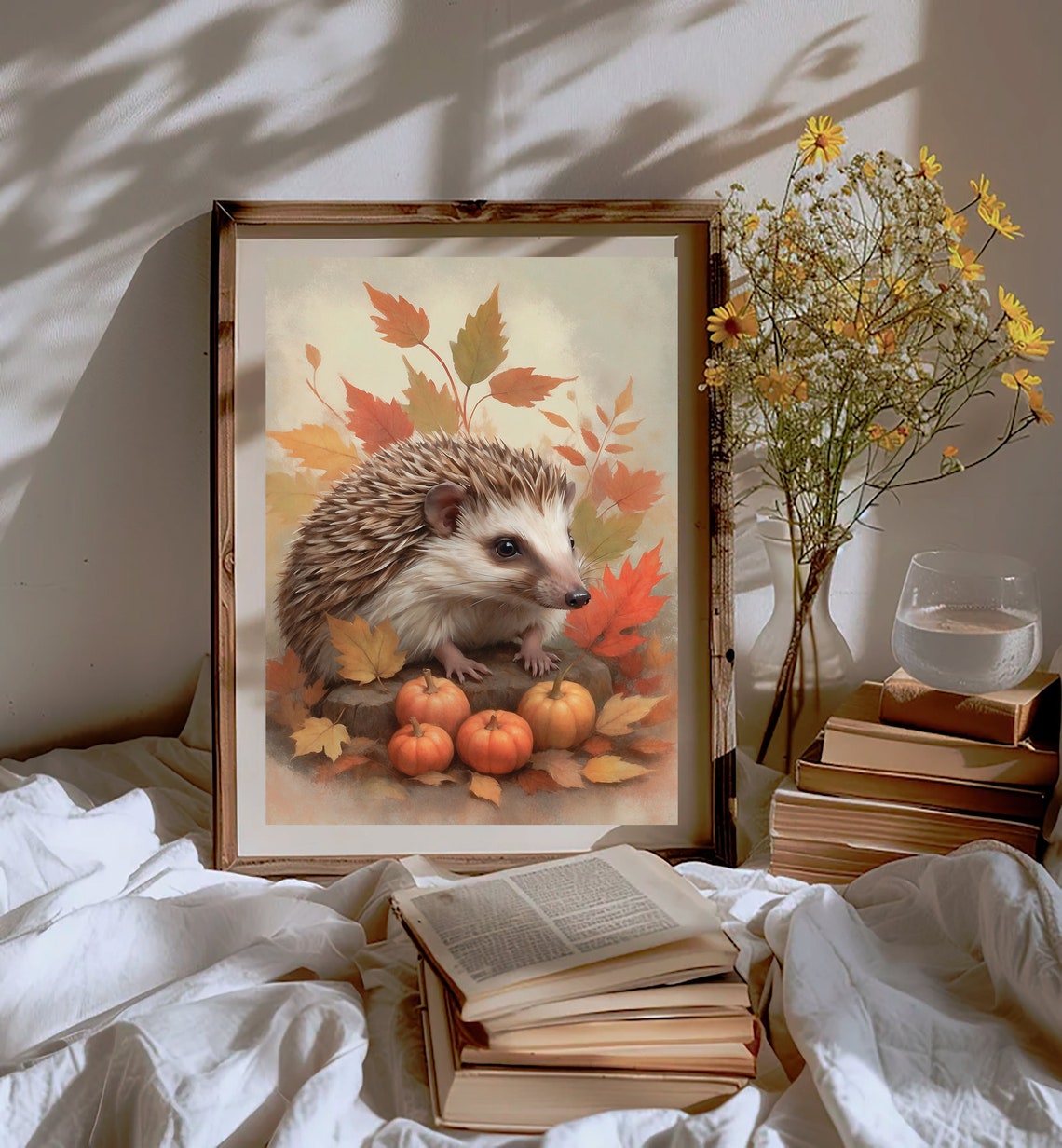 Cute Hedgehog With Pumpkins Autumn Fall Vintage Painting Style Poster - Image 2