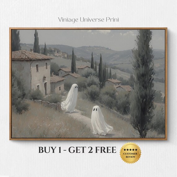 Two Ghosts In Countryside Village Vintage Spooky Halloween Poster