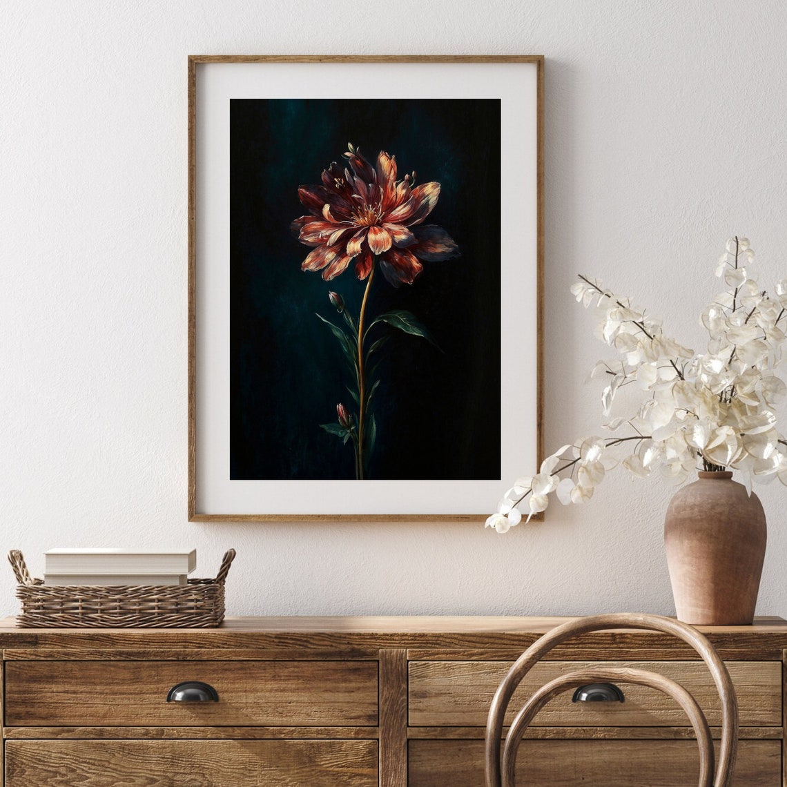 Rust Red Dahlia Single Stem Moody Dark Floral Painting Poster - Image 4