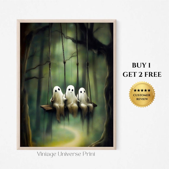 Ghost On The Swing Poster Ghost In The Forest Cute Little Ghost Face Spooky Gothic Abandoned Art Dark Academia Room Decor