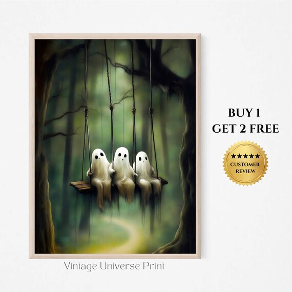 Three Cute Ghosts on a Swing Dark Forest Vintage Halloween Poster