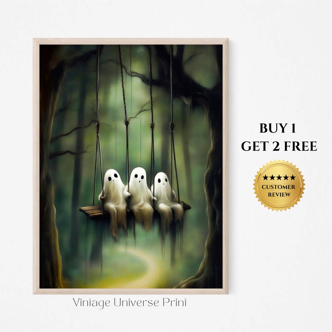 Ghost On The Swing Poster Ghost In The Forest Cute Little Ghost Face Spooky Gothic Abandoned Art Dark Academia Room Decor