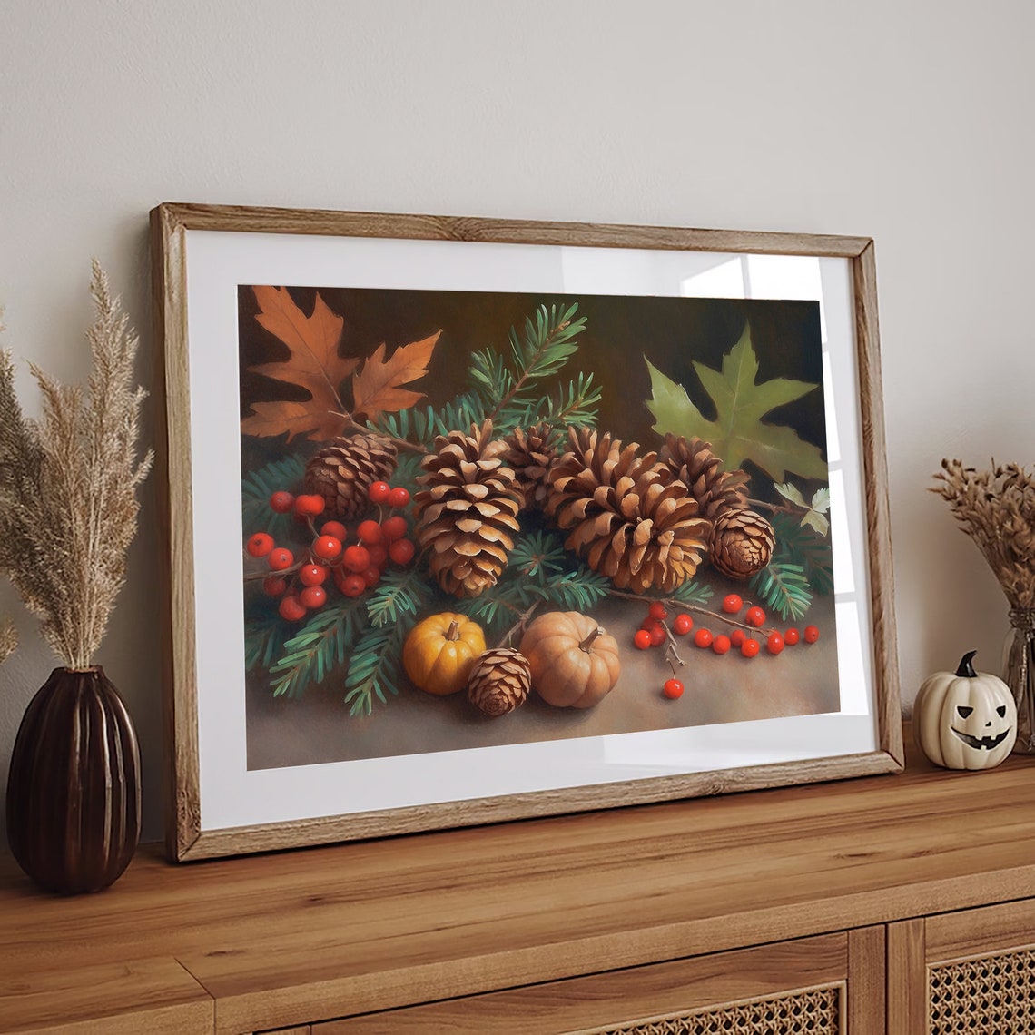 Pinecones Mini Pumpkins And Red Berries Fall Still Life Poster - Image 2