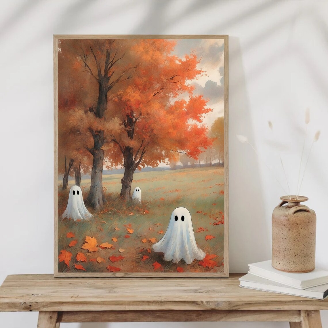 Three Little Ghosts Playing In A Golden Autumn Meadow Vintage Painting Wall Art - Image 5