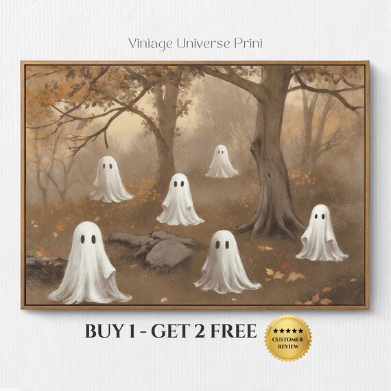 Six Cute Ghosts Gathering In Misty Autumn Forest Halloween Poster