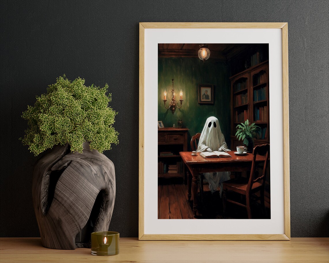 Ghost Reading A Book At A Desk In A Candlelit Vintage Library Painting Poster - Image 3