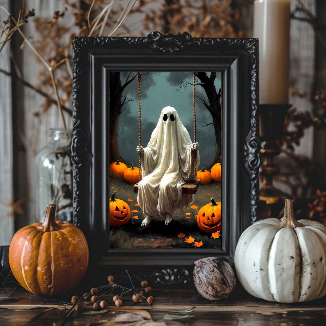 Ghost Sitting On A Tree Swing Surrounded By Jack O Lanterns Halloween Art Print - Image 4