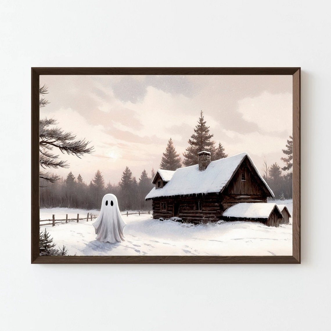 Ghost Beside Snowy Log Cabin at Dusk Rustic Winter Scene Print - Image 4