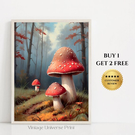 Red Fly Agaric Mushrooms In Autumn Forest Vintage Nature Painting Poster